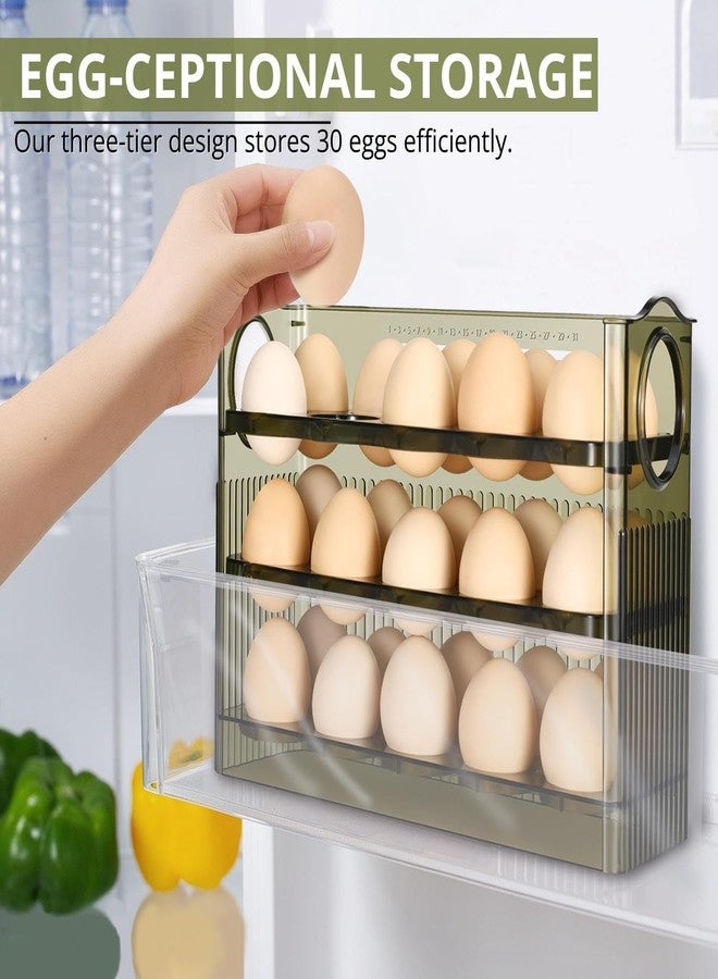 فليكسزيون منظم بيض الثلاجة القابل للطي من فليكسزيون - حامل رفيع لباب الثلاجة، سعة 30 بيضة، حاوية تخزين شفافة من 3 طبقات مع مؤشر نضارة، أخضر - Image 2